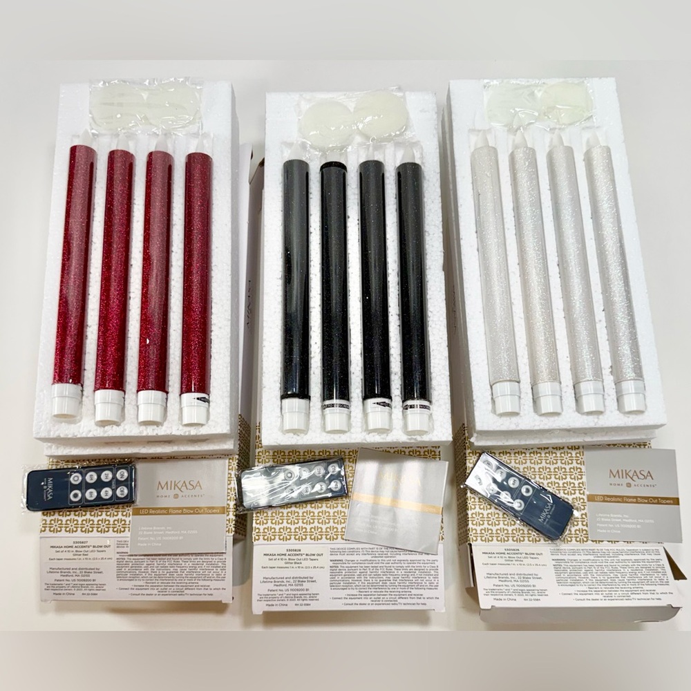 Mikasa Home Accents BLOW OUT LED 10” GLITTER Taper Candles, RED, Black & WHITE